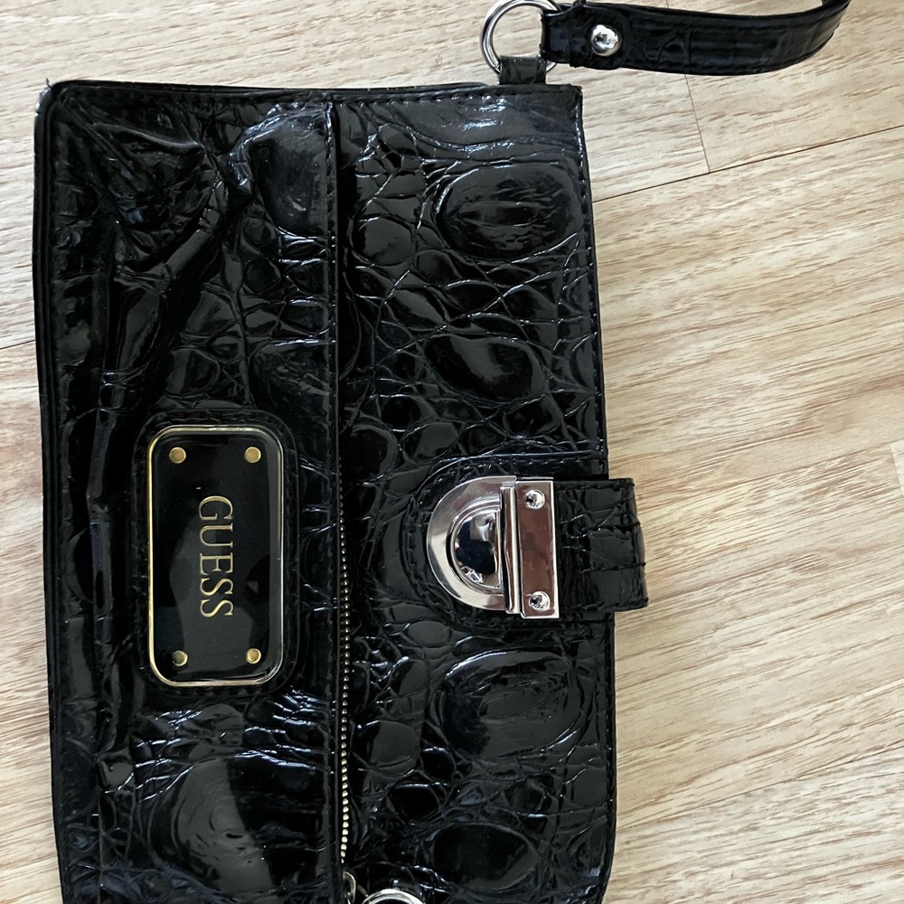 GUESS Black Croc-Embossed Wristlet